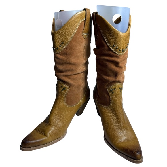Bass Shoes - Bass Caspian Suede & Leather Slouch Cowboy Boots | Brown/Tan | 6.5M EUC